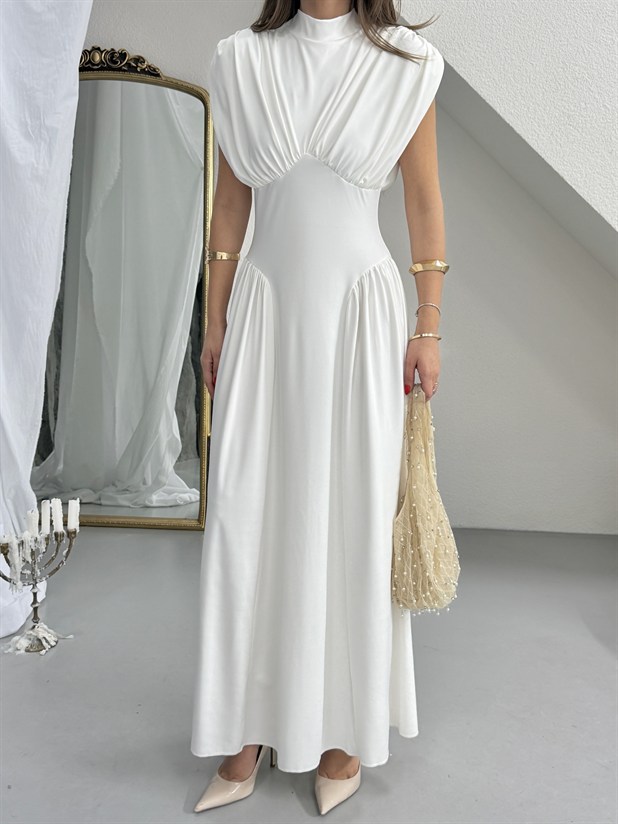 Korse Detaylı Drapeli Elbise - Ekru