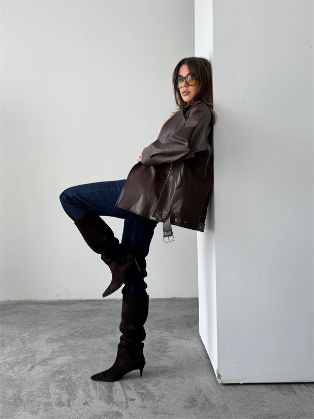 Kemerli Oversize Deri Ceket  - Kahve