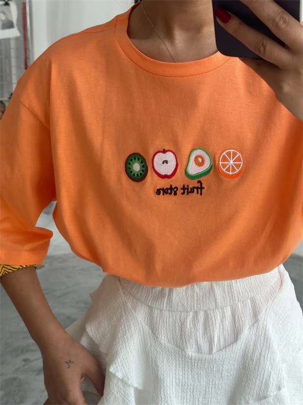 Fruit Nakış Basic T-shirt Turuncu - Turuncu