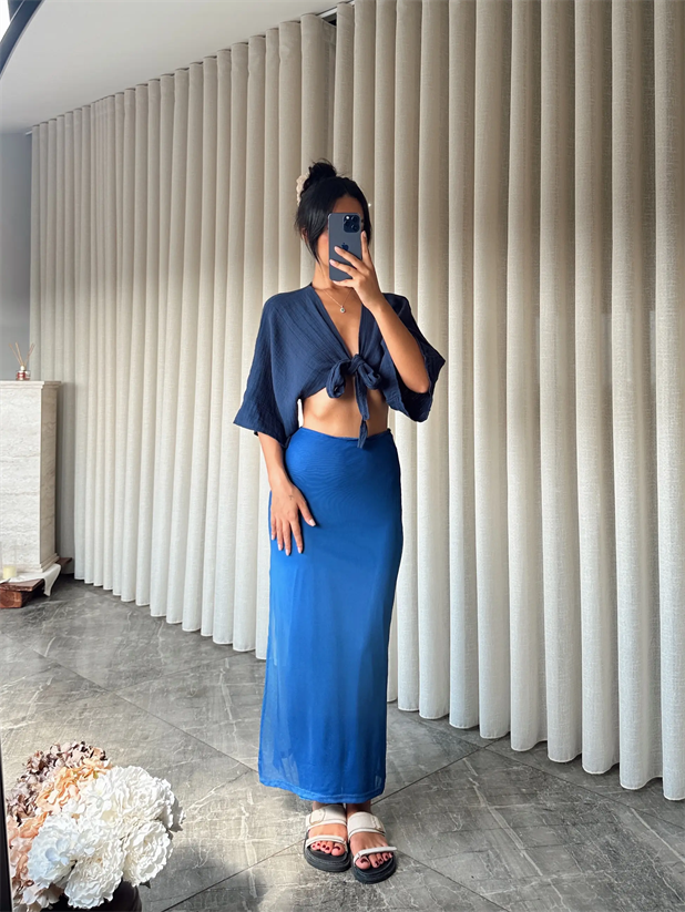 Astarlı Yan Yırtmaç Tül Etek - Mavi