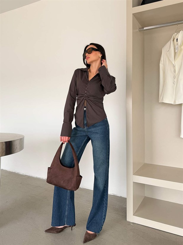 Önü Büzgülü Gömlek - Kahve