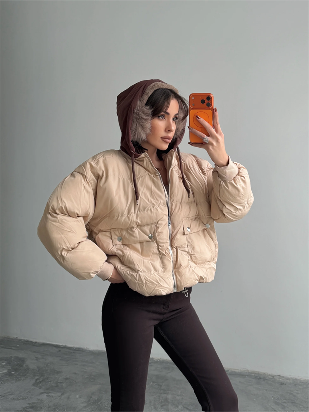 Kapüşonlu Şişme Mont - Taş