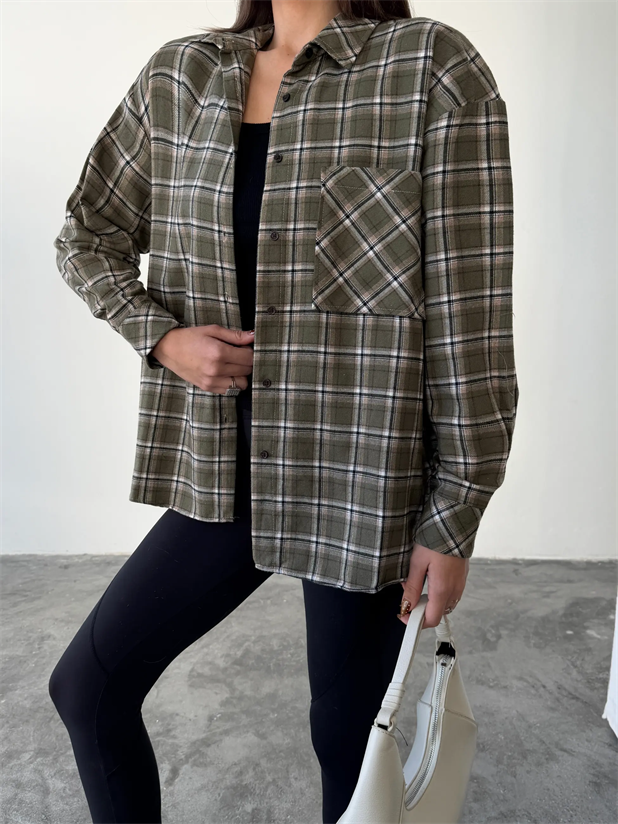 Tek Cep Ekose Gömlek - Haki