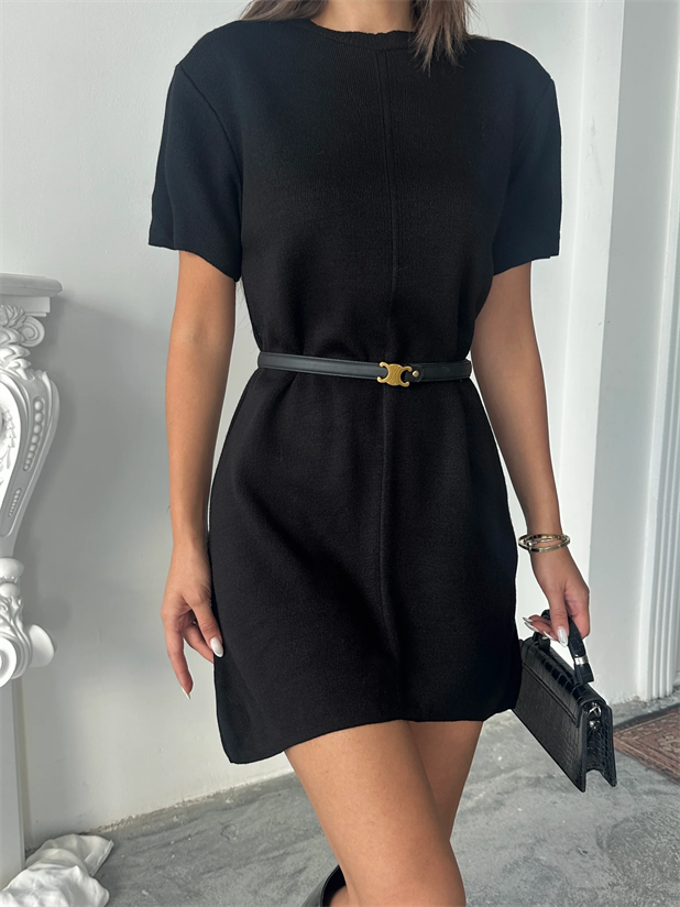 İnterlok Kumaş Kısa Kol Elbise - Siyah