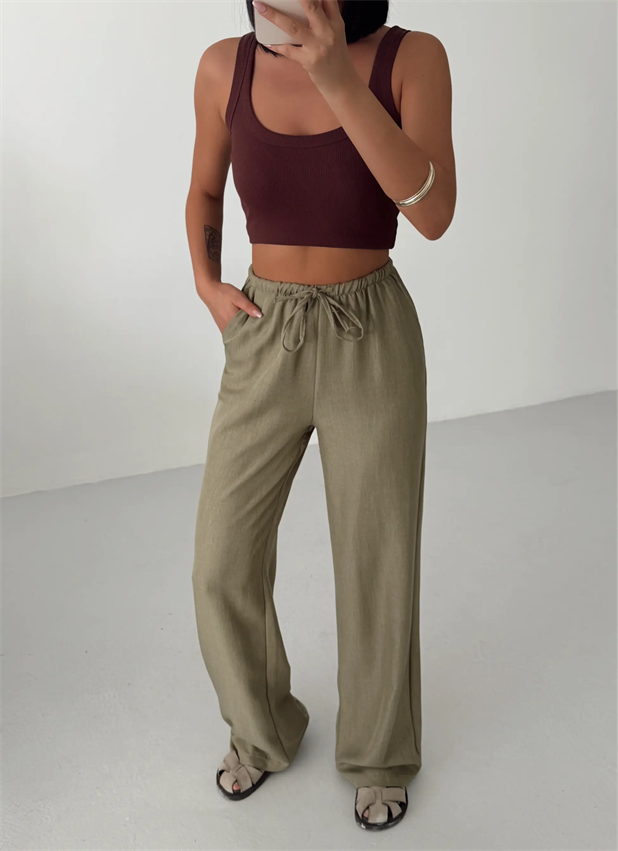 Beli İnce Lastikli Keten Palazzo - Haki