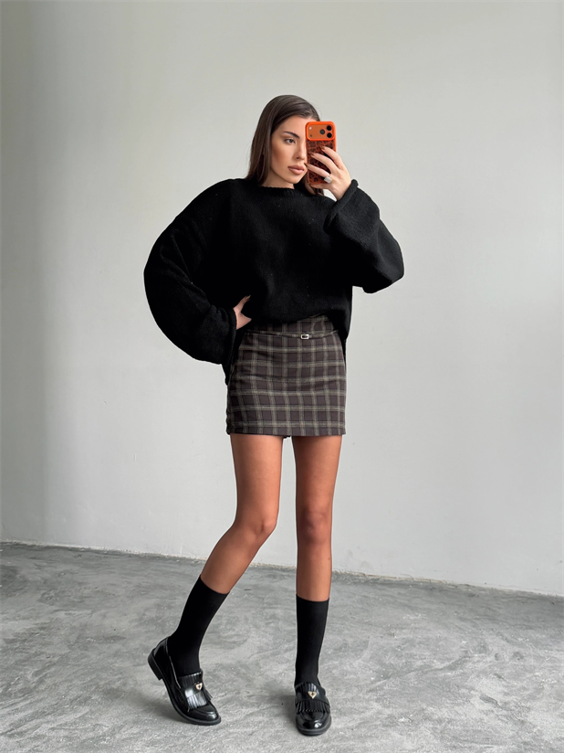 Bel Bağlama Ekose Mini Etek - Acı kahve