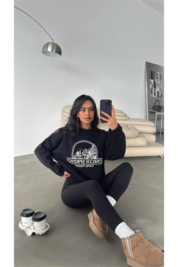 Unicoi Springs Üç İplik Oversize Sweat Siyah - Siyah