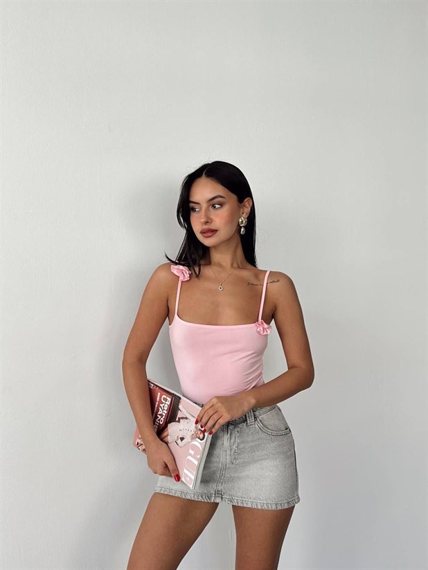 Gül Detaylı Bodysuit - Pembe