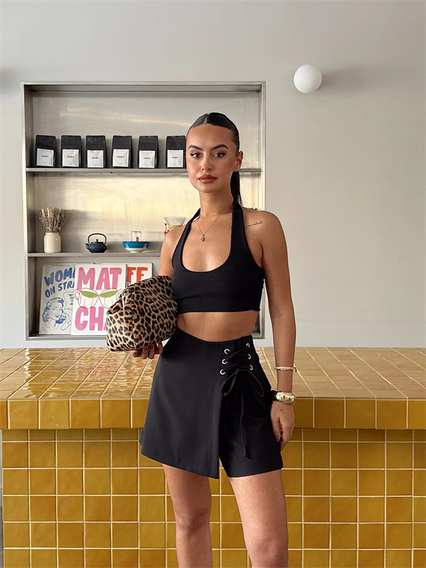 Kuşgözü Detay Şort Etek - Siyah