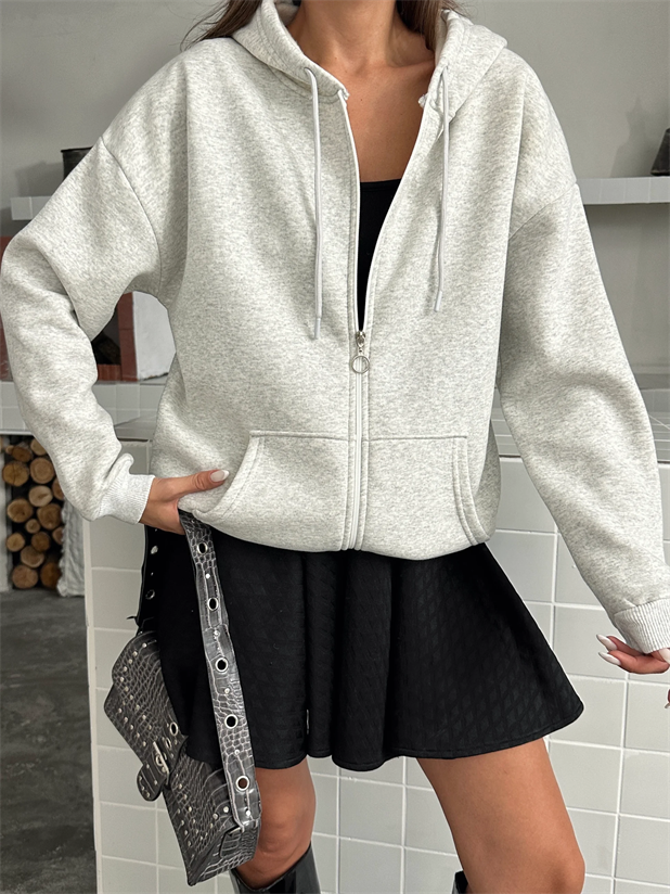 Fermuarlı Kapüşonlu Sweat Hırka - Gri
