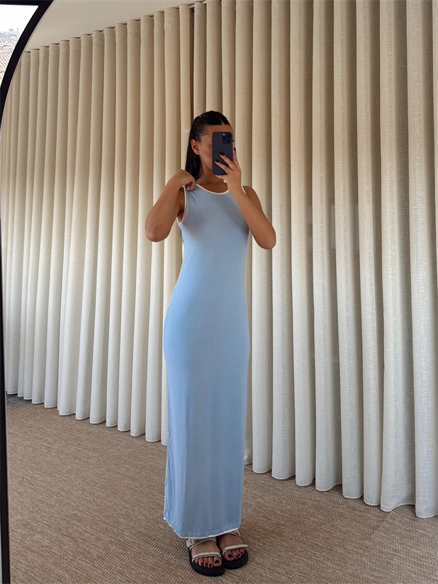 Sıfır Kol Şerit Detay Elbise  - Bebe Mavi