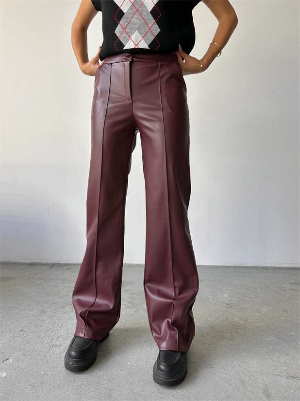 Çimalı Deri Palazzo Pantolon Bordo - Bordo