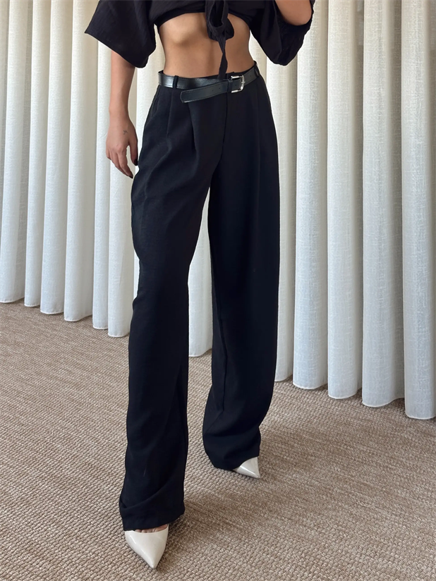  Kemerli Keten Pantolon - Siyah