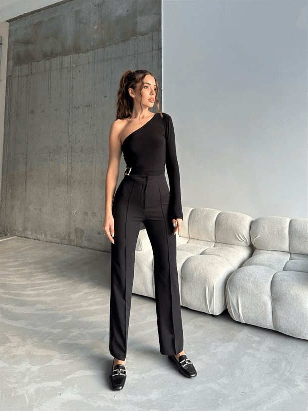 Ön Dikiş Boru Paça Kumaş Pantolon - Siyah