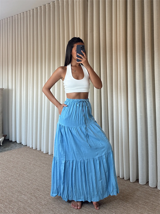 Katlı Maxi Etek - Mavi