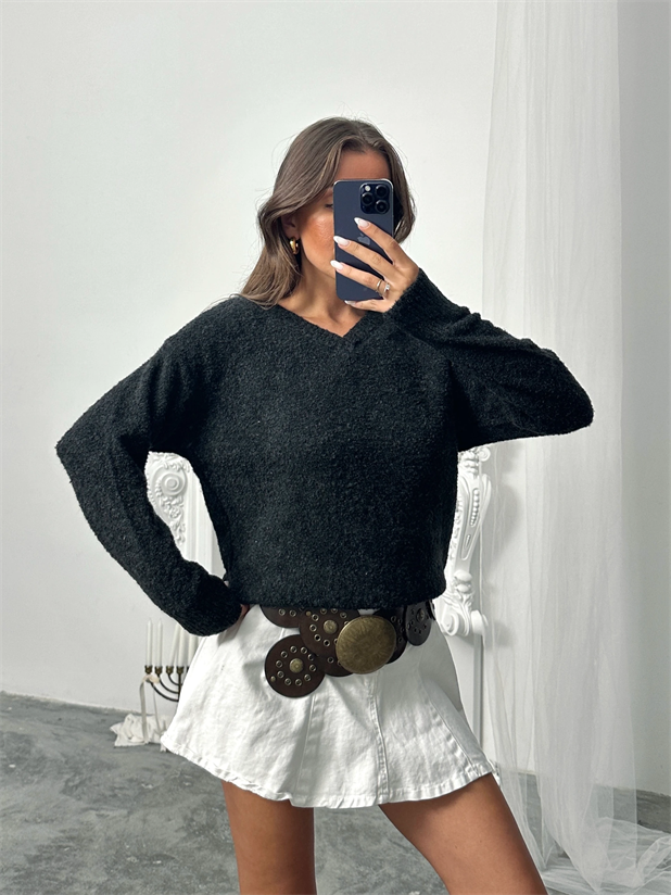 Şardonlu V Yaka Kazak - Antrasit