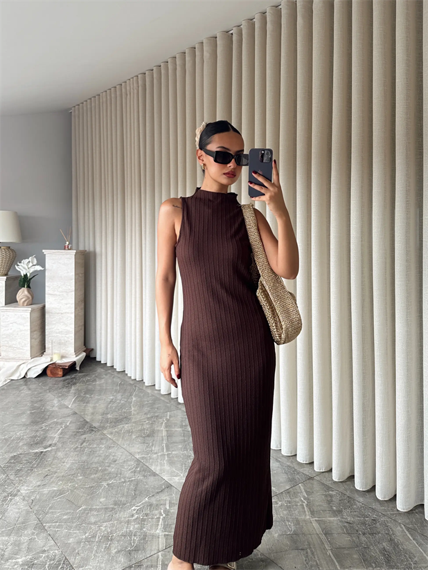 Kendinden Çizgili Sıfır Kol Elbise - Kahverengi