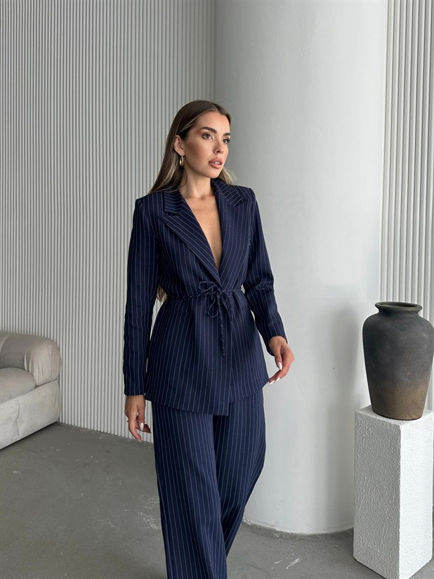 Bel Bağlama Line Blazer Ceket - Lacivert