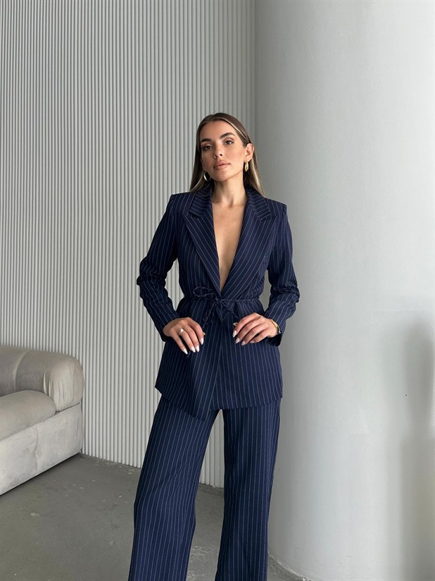 Bel Bağlama Line Blazer Ceket - Lacivert