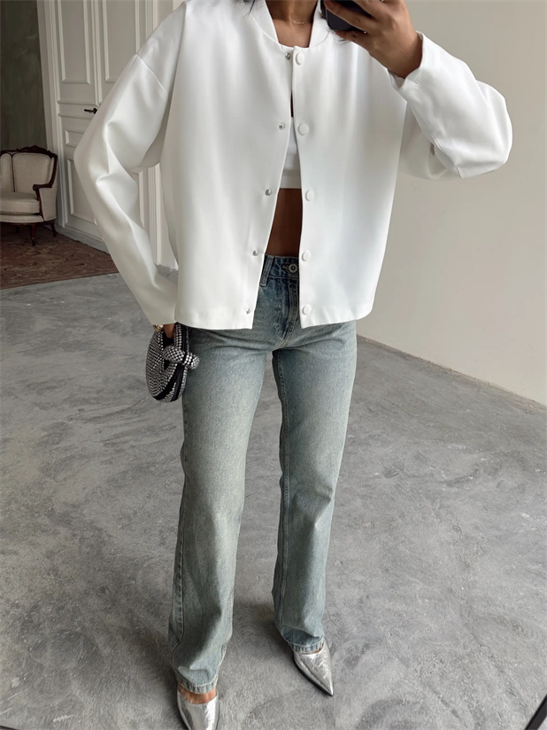 Yaka Ribana Cıt Cıt Detay Ceket Beyaz - Beyaz