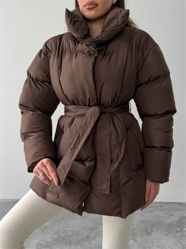 Kuşaklı Şişme Mont  - Kahve