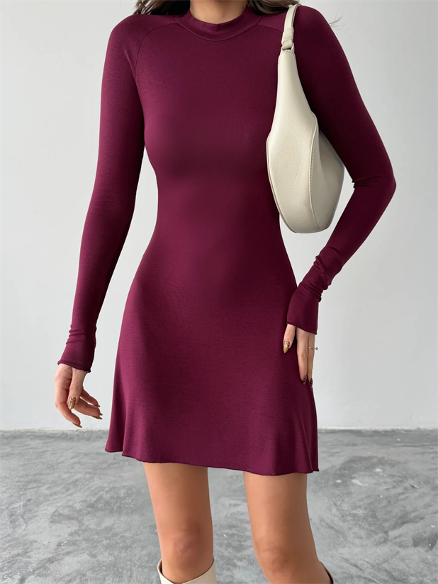 Dik Yaka Mini Elbise - Bordo