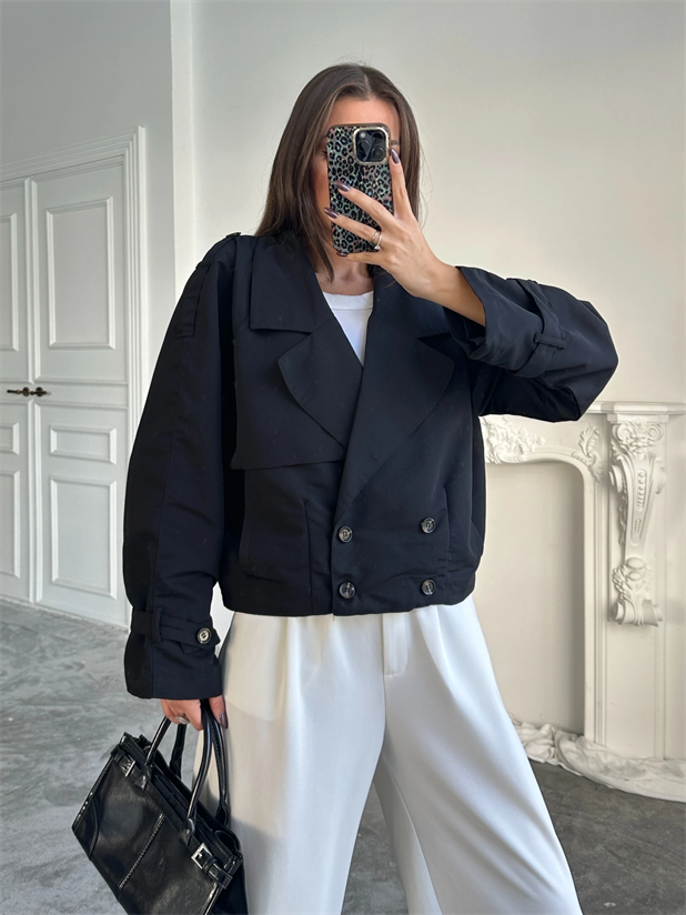 Dört Düğmeli Crop Trençkot - Siyah