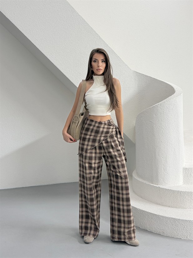 Bel Fular Detay Ekose Pantolon - Kahve