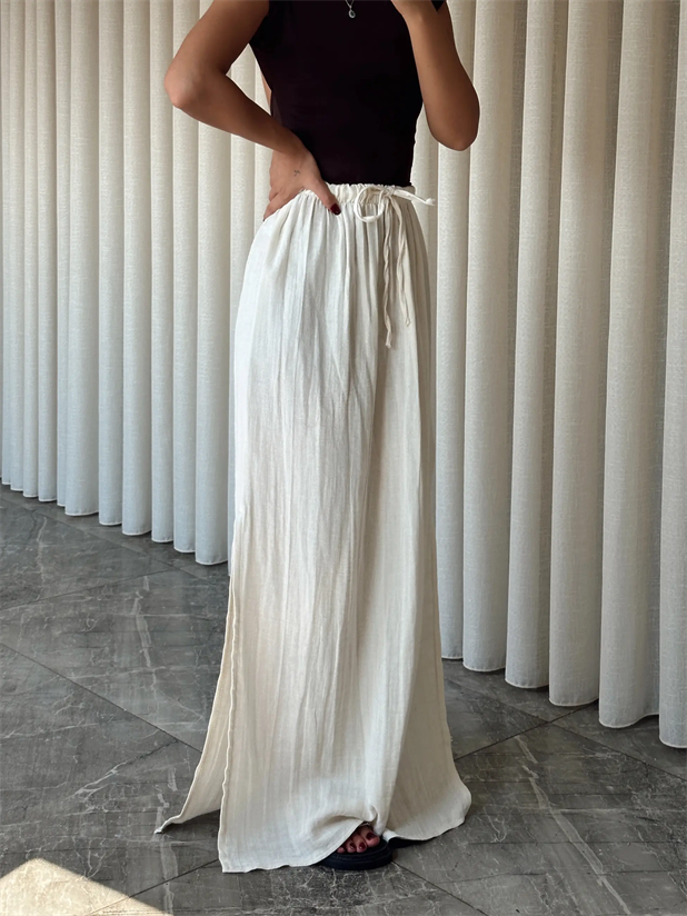 Müslin Yırtmaçlı Uzun Etek - Krem