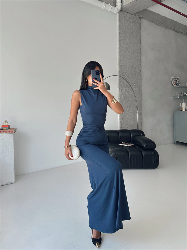 Kolsuz Drapeli Maxi Elbise - Antrasit