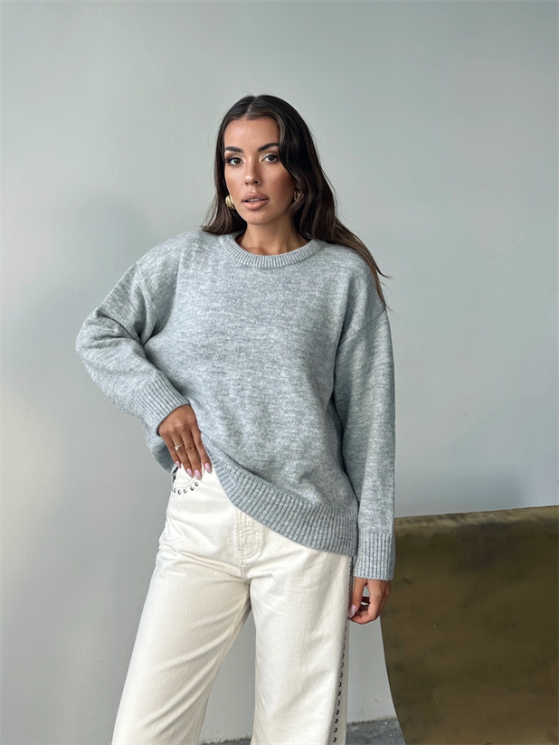 Yıkamalı Şardonlu Triko Kazak - Gri