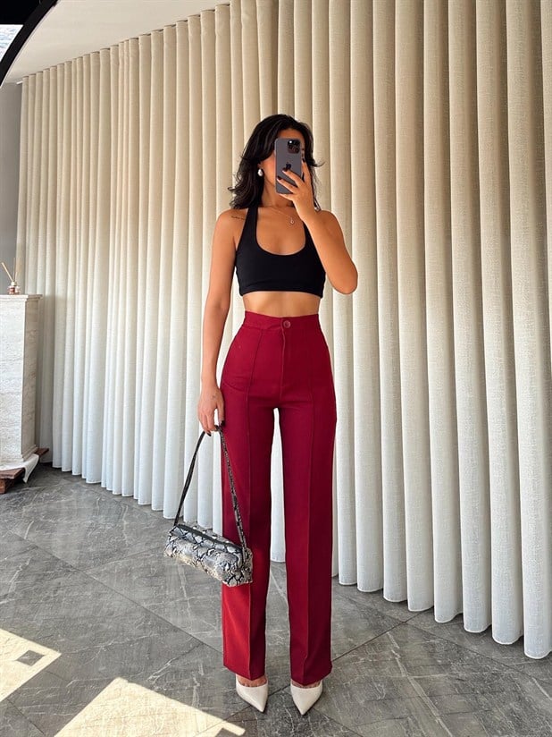 Ön Dikiş Boru Paça Kumaş Pantolon - Bordo