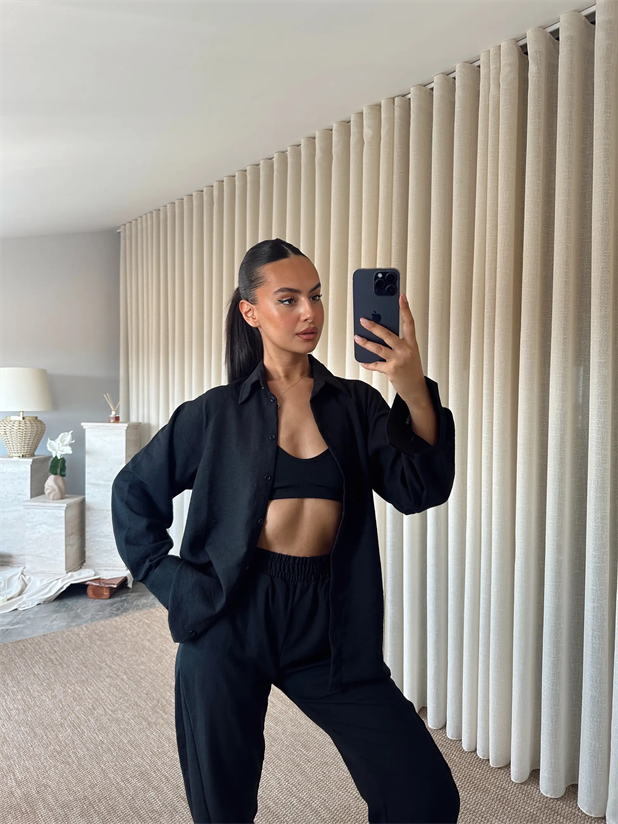 Reglon Kol Gömlek Pantolon Takım  - Siyah