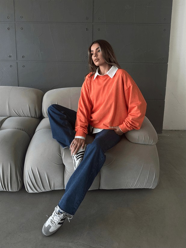 Oversize Yıkama Sweatshirt -Turuncu