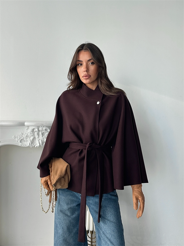 Kaşe Kuşaklı Pelerin Kaban - Kahve