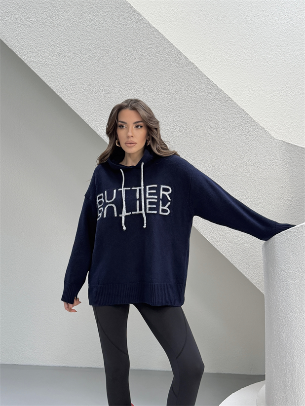 Kapüşonlu Butter Triko Kazak - Lacivert