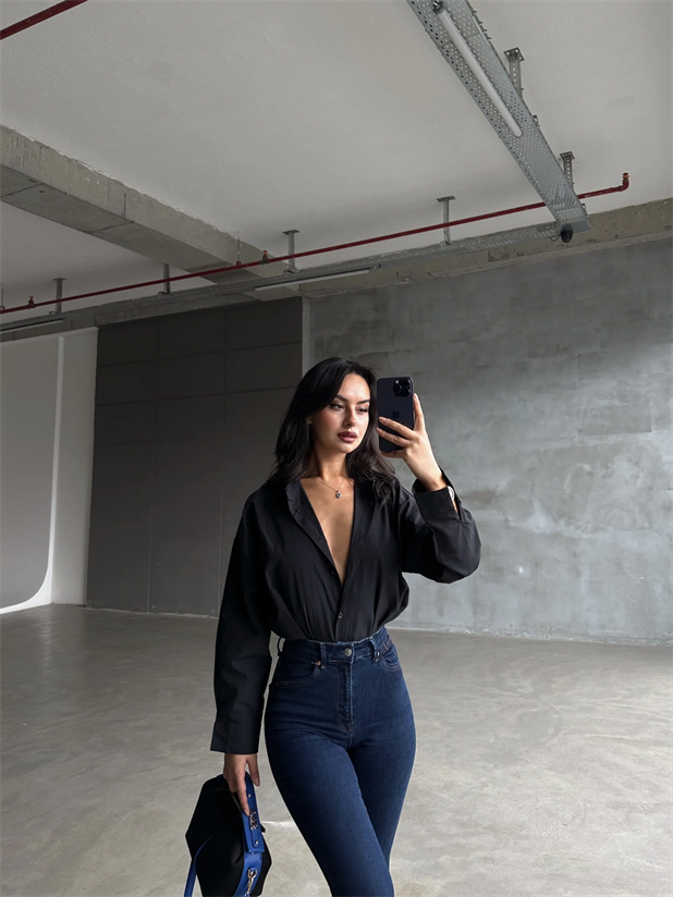 Asimetrik Dikiş Detay Gömlek Siyah - Siyah