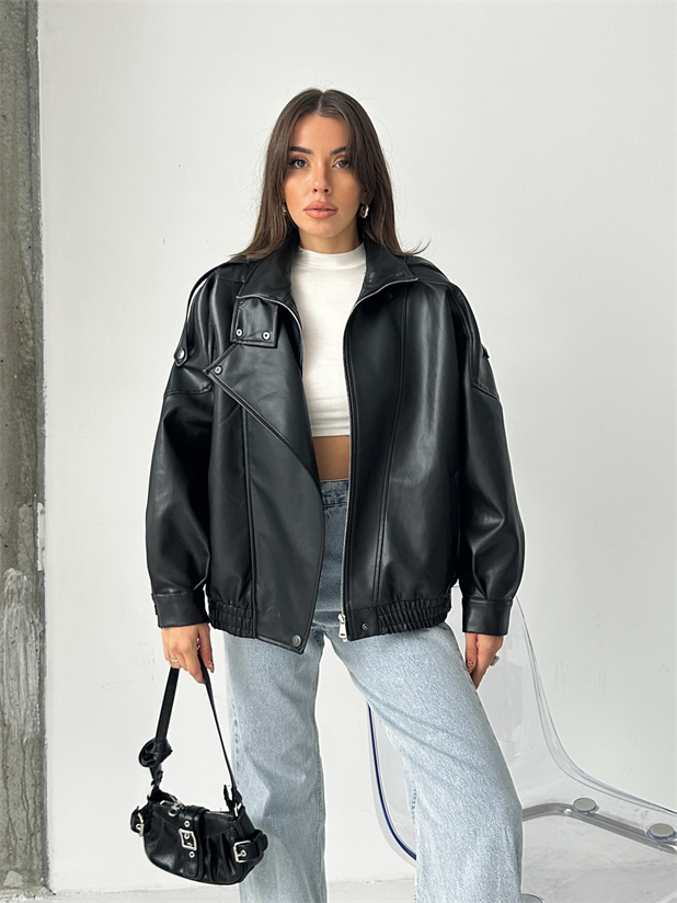 Oversize Iconıc Deri Ceket  - Siyah