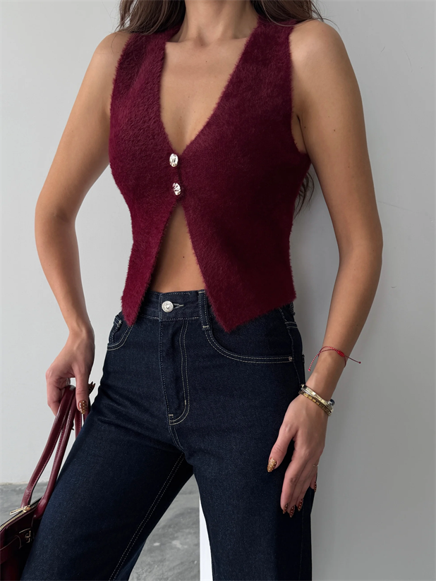 İki Düğmeli Yumoş Yelek - Bordo