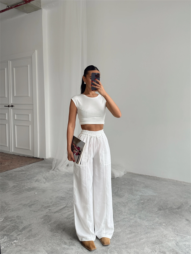 Belina Keten Bel Detay Pantolon Beyaz - Beyaz