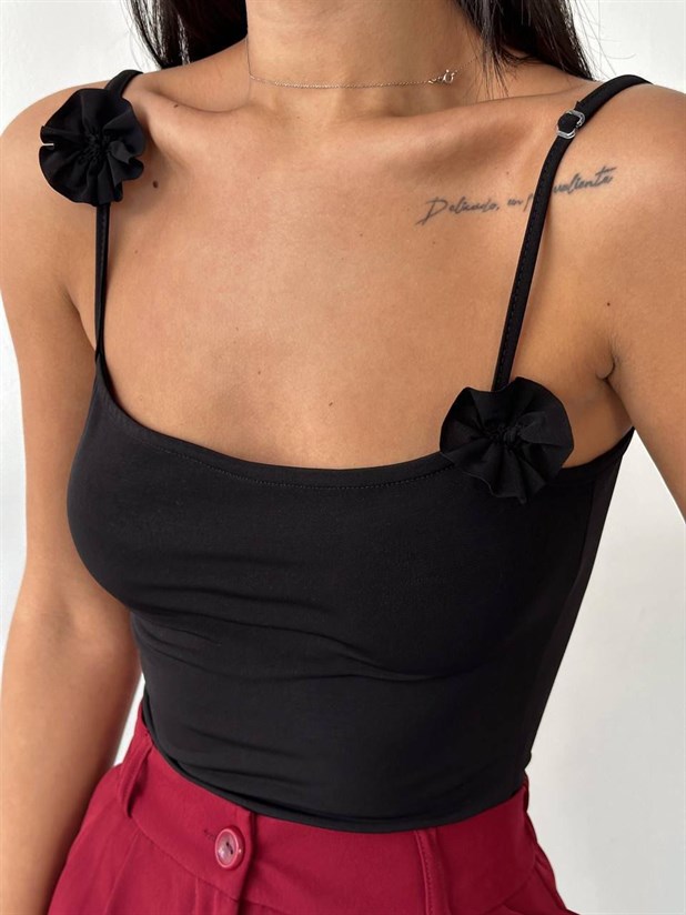 Gül Detaylı Bodysuit - Siyah