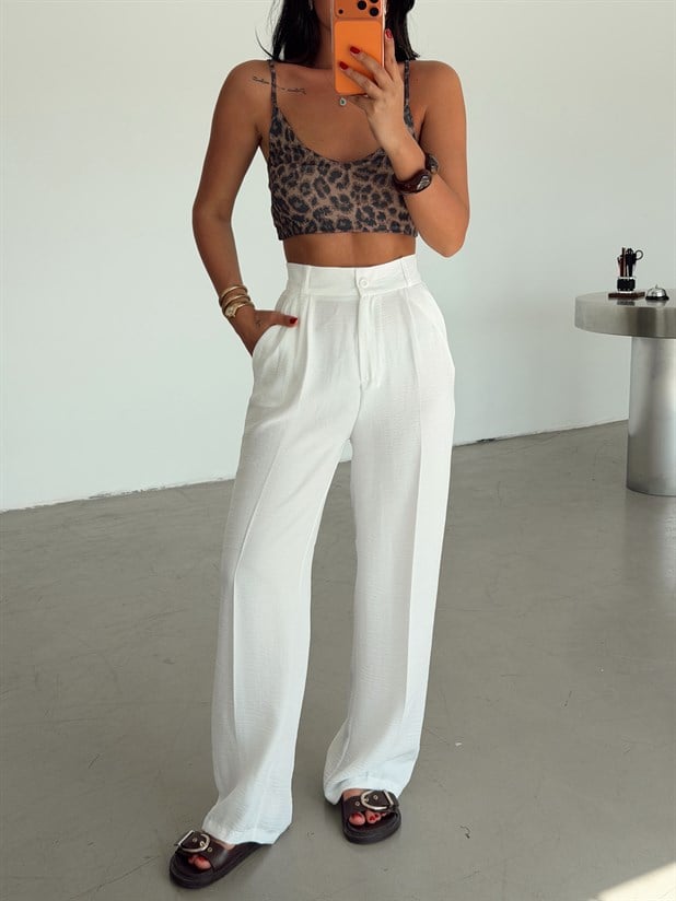 Arka Beli Lastikli Keten Pantolon - Beyaz