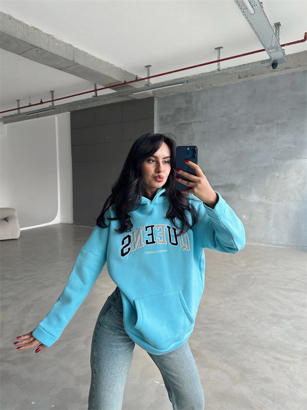 Queens Üç İplik Kapüşonlu Oversize Sweat Mavi - Mavi