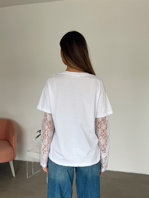 Dantel Kollu Basic T-shirt - Beyaz