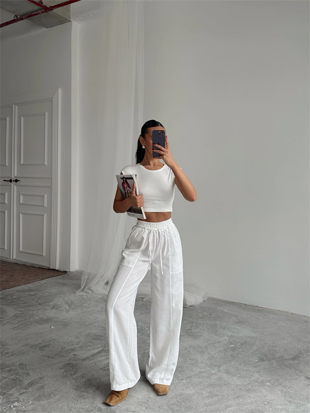 Belina Keten Bel Detay Pantolon Beyaz - Beyaz