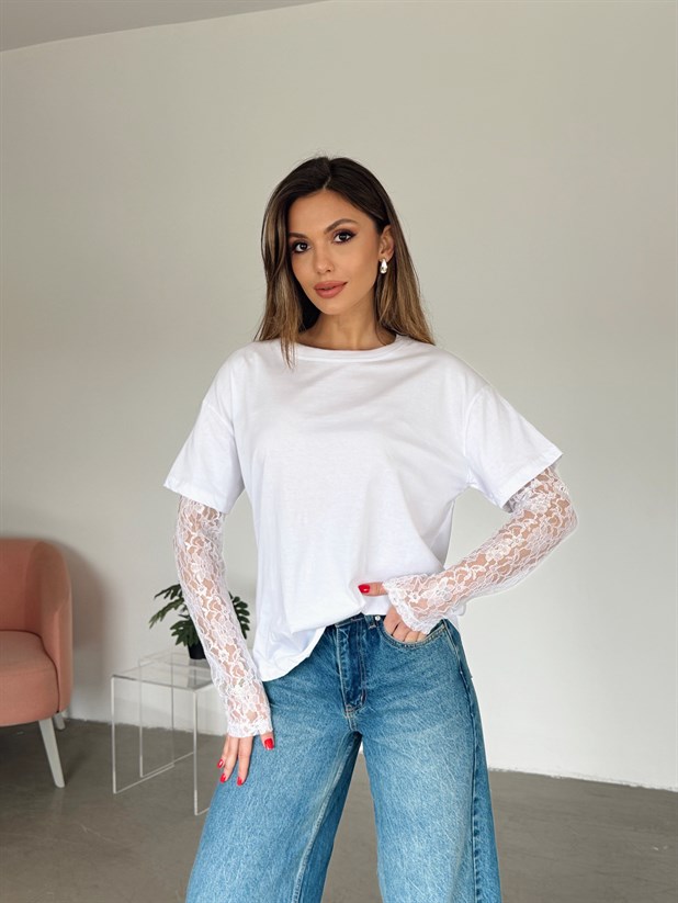 Dantel Kollu Basic T-shirt - Beyaz