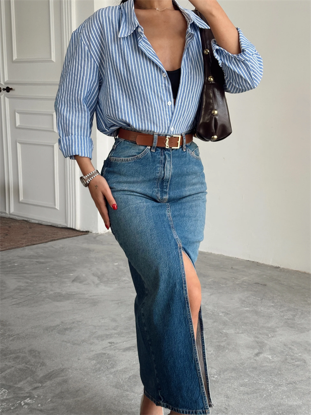 Uzun Ön Yırtmaç Denim Etek - Mavi