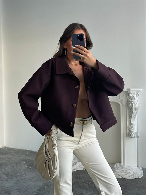 Kaşe Crop Mont - Kahve