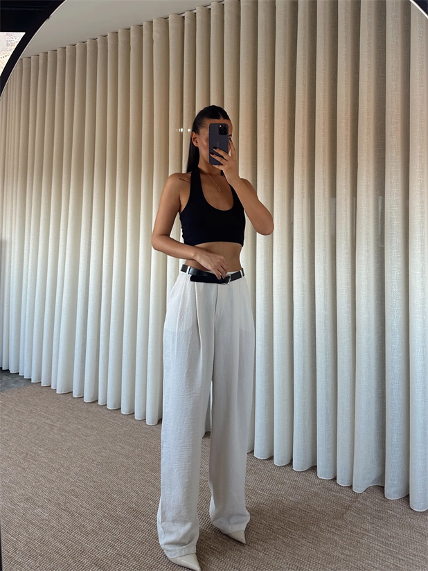  Kemerli Keten Pantolon - Bej