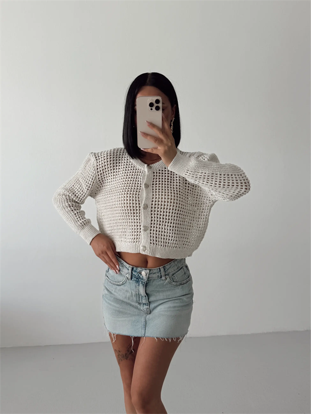 Simli Crop Hırka  - Krem